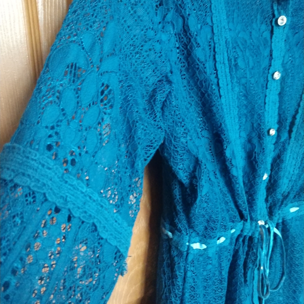 Colleen Lopez lace tunic jacket teal L new - Picture 4 of 8
